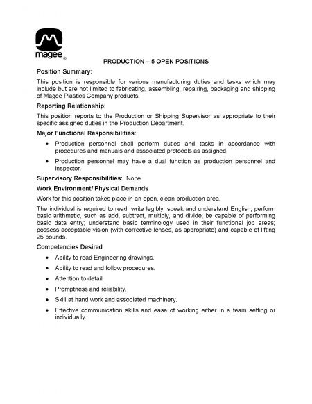 Now Hiring : General Production Position